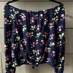 Faux button down Navy and flowered long sleeve shirt with elastic shoulder